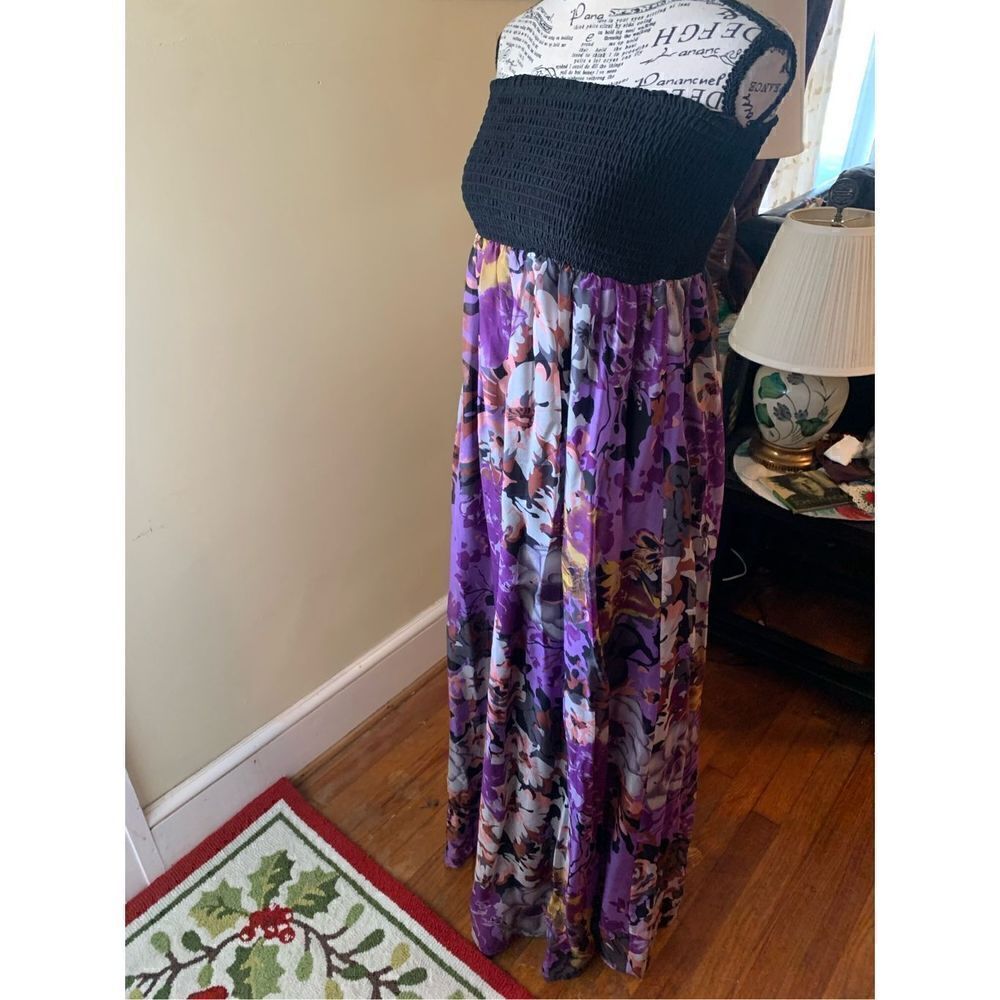 MM Couture By Miss Me Floral 100% Silk Strapless A Line Maxi Dress Women S